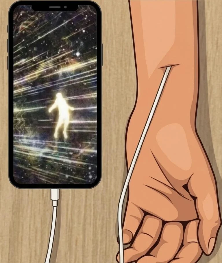 A glowing figure appears on a phone screen connected by a charger cord to a hand.